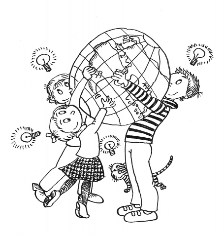 Il·lustració de Pilarín Bayés que presenta infants carregats d’idees per a un món millor.